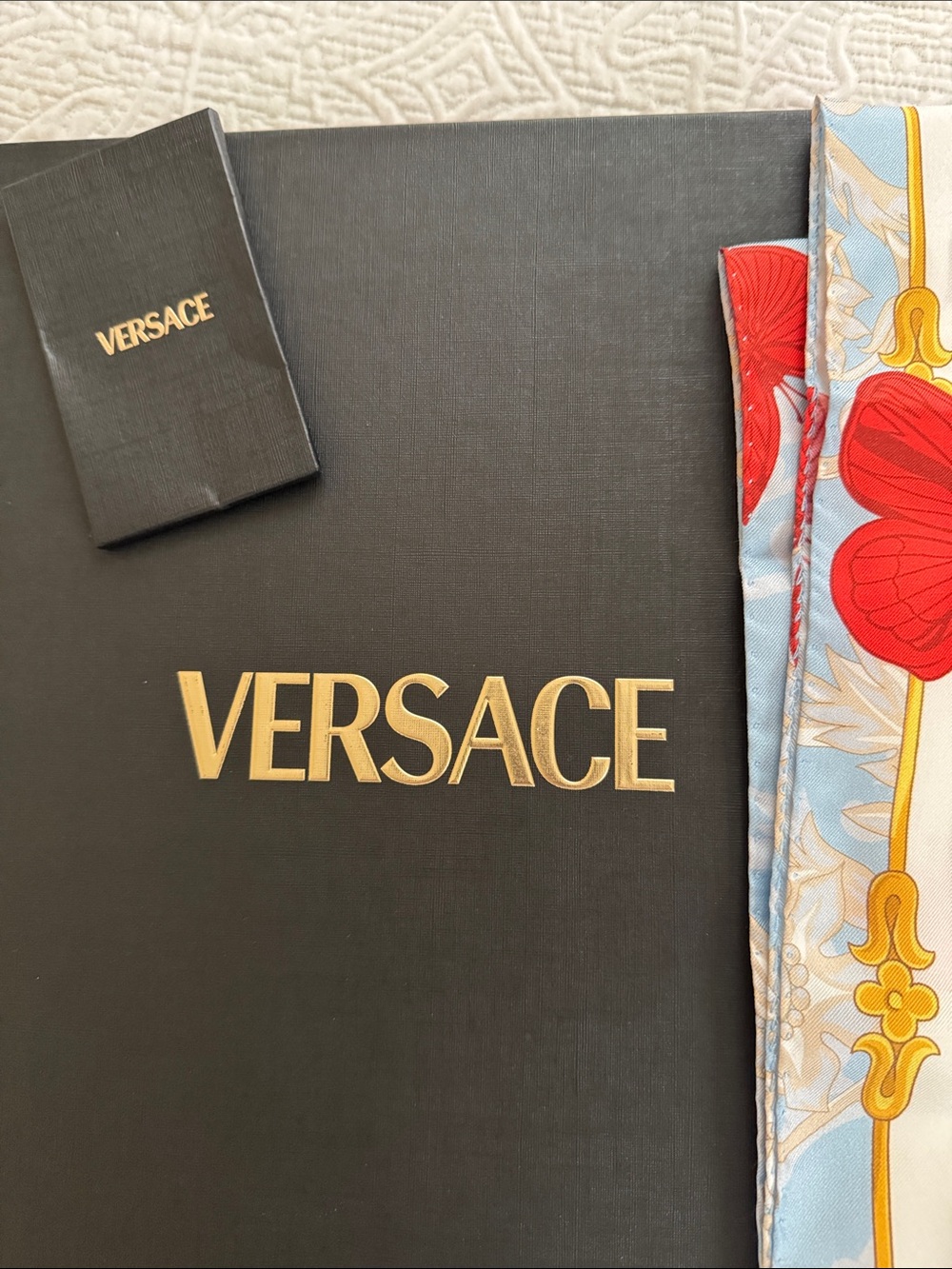 Versace NWT Red & Pale Blue Butterfly Silk Scarf with Gold Accents in BOX - Picture 10 of 12